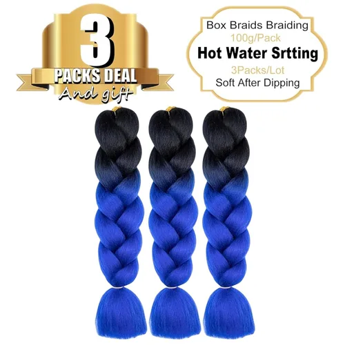 Miniatura 2 de 3 paquetes de extensiones de cabello sintético para trenzar de color negro a azul, tamaño jumbo ombré, de 24 pulgadas o trenzas de ganchillo