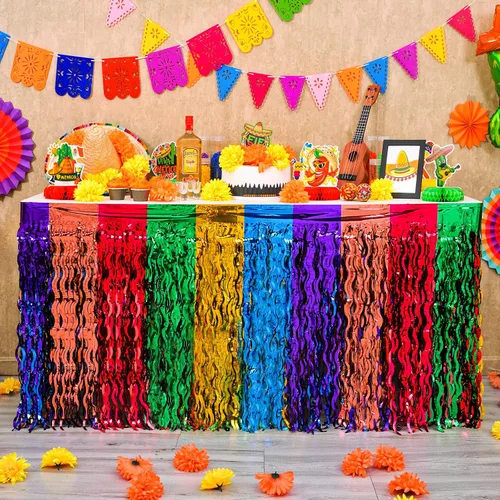 Miniatura 7 de Decoraciones de fiesta Mega-L, paquete de 2 decoraciones de fiesta de tacos Cinco de Mayo, faldas de mesa onduladas de oropel metálico con flecos