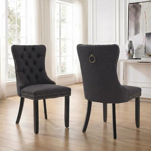 Miniatura 71 de Velvet Dining Chairs Set of 2, Tufted High Chairs with Nailhead Trim, Pull Ring, Black Solid Wood Legs, Elegant Upholstered Accent Chairs for Dining