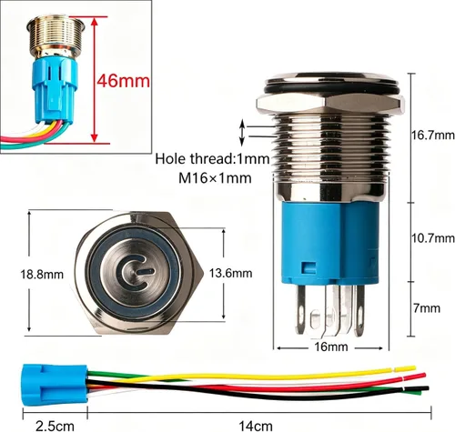 Miniatura 5 de Gebildet 2 piezas Botón de presión de cierre LED azul impermeable 110-230VAC/15Amp 16 mm Interruptor de botón de acero inoxidable impermeable