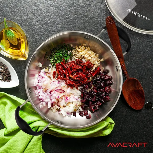 Miniatura 4 de AVACRAFT Sartén de Acero Inoxidable 18/10 para Uso Diario, Sartén Wok con Base de Cinco Capas, Sartén de Chef con Tapa de Vidrio, Sartén Multiusos