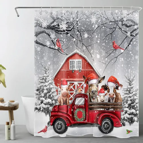 LB Christmas Red Truck Shower Curtain for Bathroom, Farm Animal with Xmas Hat and Cardinal with Pine Tree Fabric Shower Curtain with Hooks, Grey