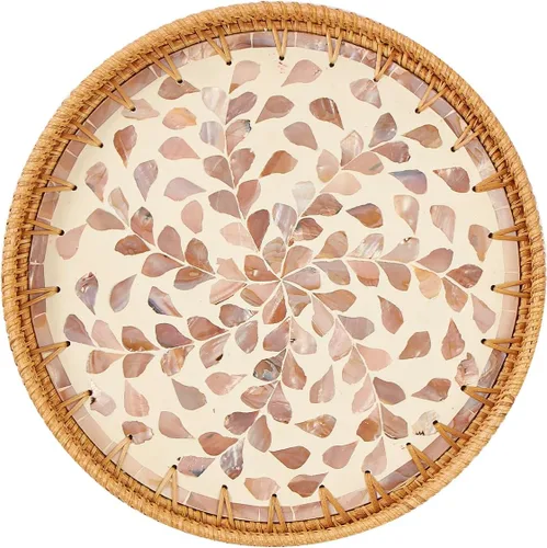 Miniatura 11 de Kmelep Bandeja redonda de ratán con incrustaciones de madreperla, bandeja de ratán con base de madera, cesta decorativa de mimbre para decoración