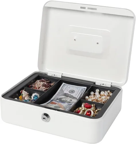 Miniatura 6 de Caja de dinero con bandeja de dinero y cerradura, caja de dinero de metal para efectivo, caja de seguridad 9.84 x 7.87 x 3.54 pulgadas, color blanco