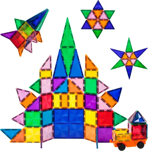PicassoTiles Figuras de avión + 80 piezas de azulejos magnéticos de diamante + 2 piezas para automóvil, paquete de expansión de 4 imanes de acción
