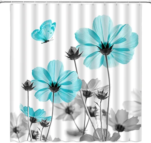 Miniatura 9 de Cortina de ducha floral azul y gris, planta rústica, retro, margarita, abstracta, elegante, natrue de tela con ganchos