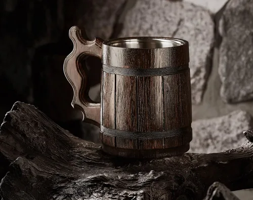 Miniatura 6 de Taza de madera hecha a mano de 20 onzas, taza de acero inoxidable tallada de cerveza natural, color marrón antiguo, taza de cerveza tallada