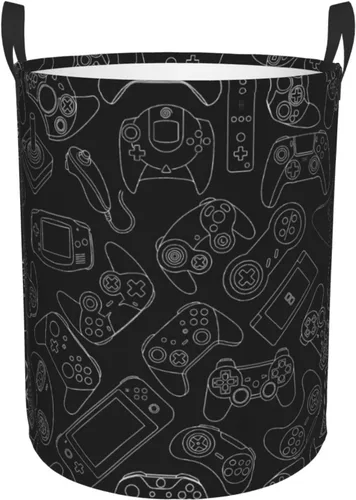 Cesta de Ropa Sucia Redonda con Fondo de Controlador de Videojuegos, Canasta de Almacenamiento de Gadgets Gaming, Organizador de Juguetes y Ropa