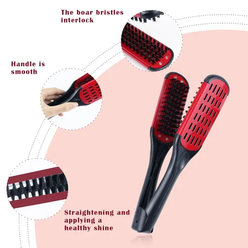 Miniatura 5 de Peine alisador de pelo, pelo de jabalí doble cara cepillo peine abrazadera, herramienta de peinado (rojo)