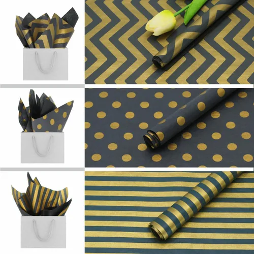 Miniatura 5 de PMLAND Papel de seda de alta calidad para envolver regalos, color negro metálico dorado con rayas zigzag, 20 x 14 pulgadas, 60 hojas