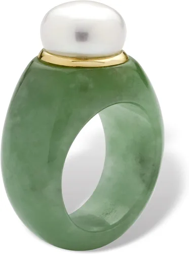 Miniatura 2 de Anillo redondo de oro amarillo de 10 quilates con perlas cultivadas de agua dulce (0.433 in) y jade verde