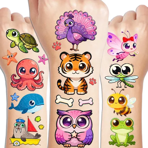 CHARLENT Tatuajes temporales de animales para niños, 36 hojas de calcomanías de tatuajes de animales lindos para niños y niñas, suministros de