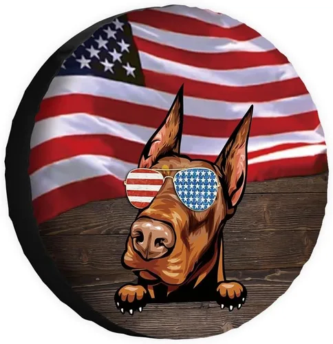 Miniatura 20 de Cubierta de neumático de repuesto para perro salchicha con gafas de sol con bandera de Estados Unidos, fundas protectoras de ruedas a prueba
