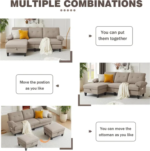 Miniatura 5 de Sofá modular convertible de 84 pulgadas, moderno sofá pequeño en forma de L de tela de lino con diván reversible, sofá de 3 asientos para sala