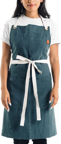 Caldo - Delantal de cocina de lino con peto, delantal de lino ajustable con bolsillos para hombre y mujer (Abeto)