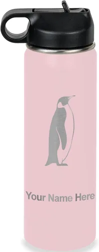 Miniatura 28 de LaserGram Botella de agua personalizada, pingüino, acero inoxidable de doble pared aislada al vacío con popote superior, regalo grabado