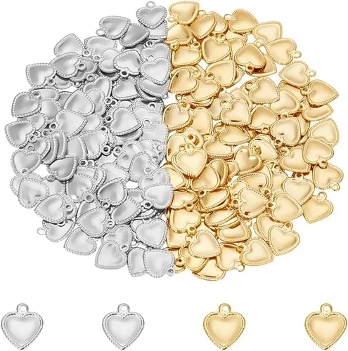 UNICRAFTALE 200 dijes de corazón de 2 colores de 0.315 pulgadas de ancho de acero inoxidable diminutos colgantes de corazón pequeño de 0.04 a 0.047