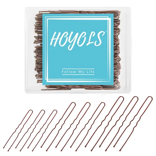 HOYOLS Alfileres de pelo en forma de U de varios tamaños, pinzas de metal para moño, diseño prensado con puntas de bola para mujeres y niñas, Marrón