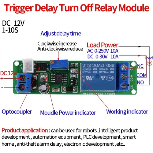 Miniatura 3 de 1 temporizador de 12 V CC e temporizador ajustable de apagado e interruptor de tiempo de relé de sincronización de 1 a 10 segundos 2.661 x 0.756 in