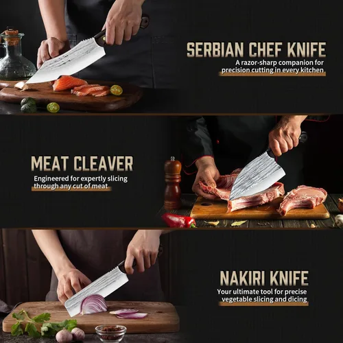 Miniatura 3 de TIJERAS Juego de cuchillos de carnicero, juego de 3 cuchillos de chef forjados a mano, cuchillo de chef serbio y cuchillo de carnicero y cuchillo