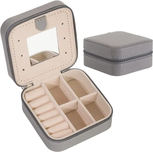 KElofoN - Estuche para joyas de viaje, pequeño organizador de joyería con espejo para mujeres y niñas, color gris