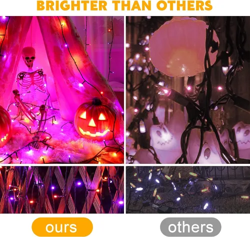 Miniatura 7 de weillsnow Luces de Halloween Moradas y Naranjas, 200 LED 66 Pies con Enchufe Luces de Cadena de Halloween Impermeables, 8 Modos con Memoria
