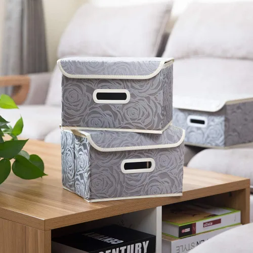Miniatura 2 de PRANDOM Cajas de almacenamiento apilables con tapas [paquete de 5] cubos de almacenamiento decorativos de tela, canastas organizadoras con asas