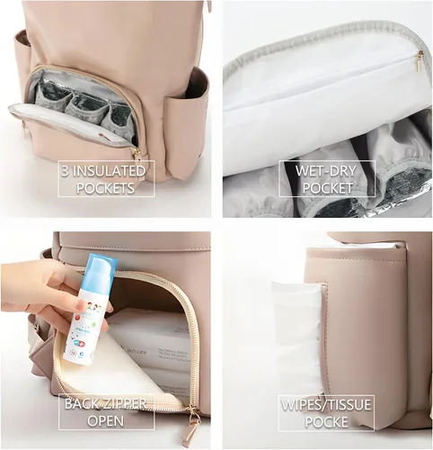 Miniatura 3 de Mochila para pañales de cuero sintético con bolsillos impermeables, hebilla para cochecito y cambiador - 35L bolsas grandes para pañales, bolsa