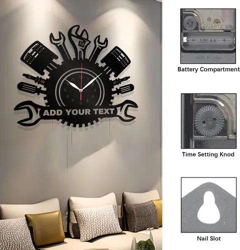 Miniatura 3 de Reloj de pared personalizado para taller de reparación de automóviles – Añade texto con nombre personalizado – Regalo para reparador, albañil