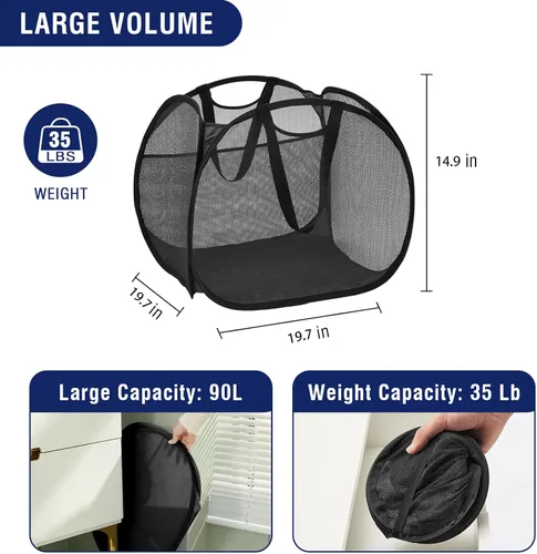 Miniatura 3 de TECHMILLY Cesta plegable de malla con asas fuertes, cesta de ropa de gran apertura con bolsillos laterales, cestas de almacenamiento para Negro