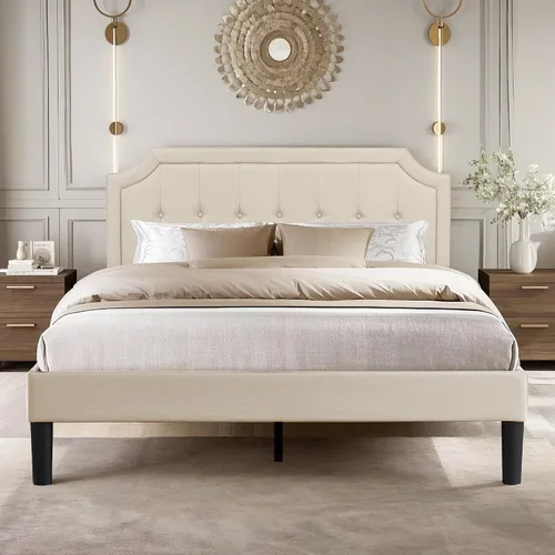 Miniatura 32 de VECELO Base de cama de plataforma de tamaño individual con cabecera tapizada de tela y soporte de listones de madera, no necesita somier/fácil Beige