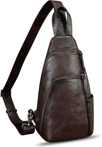 Bolso bandolera de cuero genuino, bolso cruzado hecho a mano para senderismo, riñonera, mochila retro para el hombro, mochila de pecho vintage
