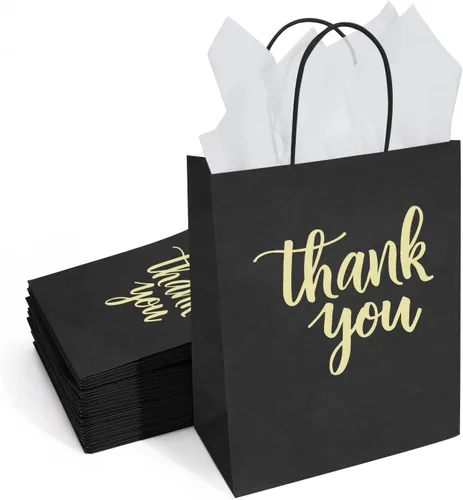 Miniatura 2 de DjinnGlory Paquete de 50 bolsas de papel de agradecimiento negras de tamaño mediano con asas de 10 x 8 x 4 pulgadas y papel de seda blanco para Negro