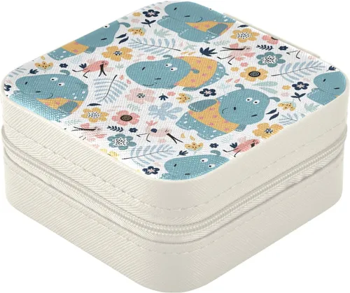 Miniatura 2 de ZZKKO Joyero pequeño con diseño floral de hipopótamo, joyero de viaje, organizador de viaje de cuero, mini cajas de almacenamiento portátiles