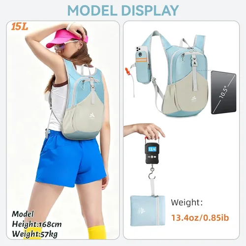 Miniatura 6 de Mochila pequeña de senderismo de 15 litros para mujeres y hombres, mochila plegable y plegable casual para acampar viajes al aire libre, azul