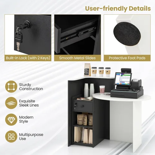 Miniatura 6 de Giantex Escritorio de recepción, mostrador delantero con cajón con cerradura, mesa de pago con mesa redonda, estante de esquina y estante ajustable
