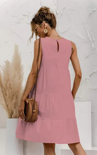 Miniatura 4 de KIRUNDO - Vestido de verano sin mangas de cuello redondo casual flojo mini vestido lindo color sólido oscilación plisado vestido de verano