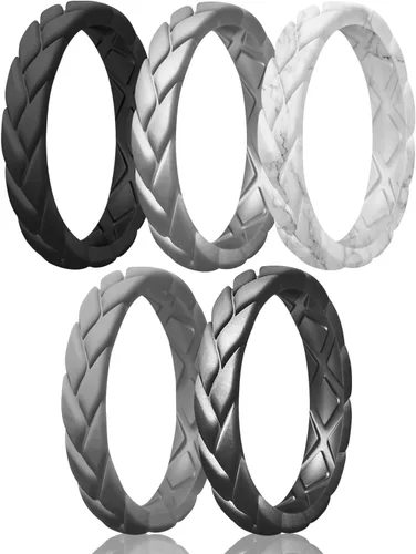 Miniatura 58 de Egnaro Anillos de boda de silicona para ella, conjuntos de novia de goma para mujer, bandas finas, diseño trenzado de hojas apilables con ranuras