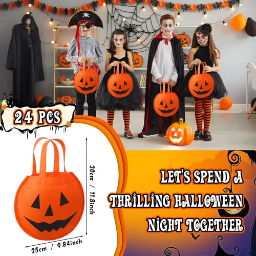 Miniatura 3 de 24 bolsas de calabaza de Halloween de 11.8 x 9.8 pulgadas, no tejidas, bolsas de truco o trato, cara de calabaza, caramelos, bolsa de regalo