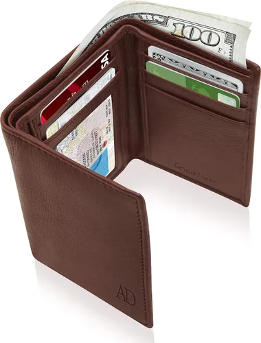 Miniatura 19 de Billetera de triple pliegue con RFID, cuero genuino, delgado, con ventana de identificación, bolsillo frontal, regalo para hombre