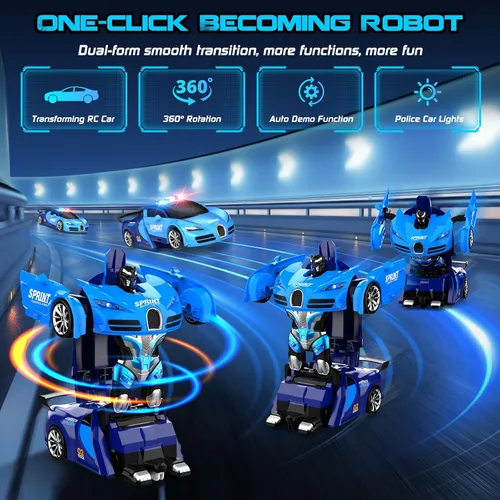 Miniatura 3 de Carro de control remoto, transformación con un clic en robot, carro de juguetes transformable para niños, deformación suave, modo demostración, Azul