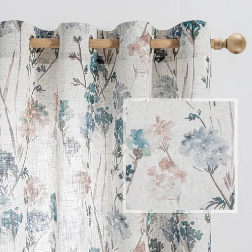 Miniatura 10 de MYSKY HOME - Cortinas de lino florales 100% blackout, de 95 pulgadas de largo, 2 paneles para sala de estar y dormitorio, doble capa