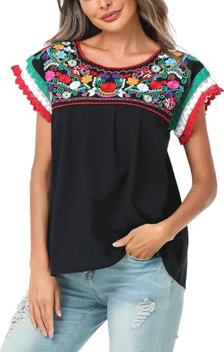 YZXDORWJ Blusa tradicional colorida con encaje bordado mexicano para mujer, camiseta tricolor para el día de la independencia mexicana