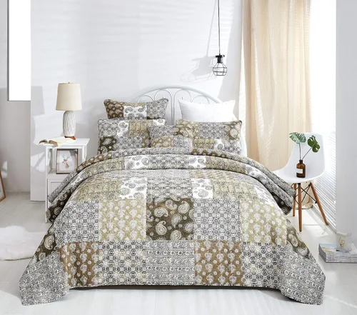 Miniatura 8 de DaDalogy Bedding - Juego de cama bohemio de 8 piezas en una bolsa, colcha de retazos de algodón floral marrón y verde con estampado de cachemira