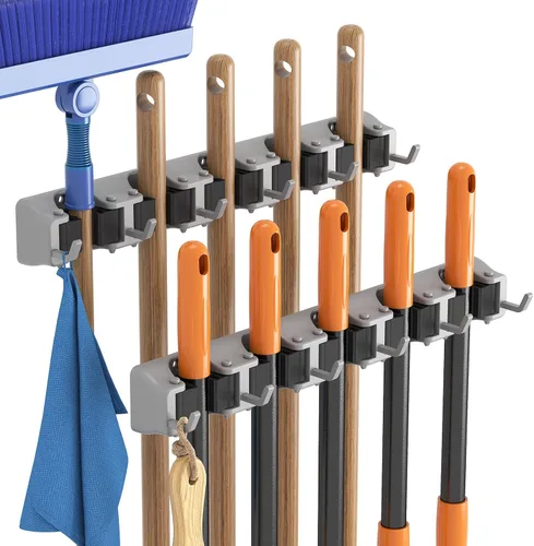 Miniatura 9 de Lifewit Soporte de pared para fregona y escoba, colgador de escoba antideslizante para organización de cocina, organizador de suministros de Negro