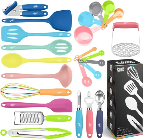 Miniatura 9 de Kaluns Juego de utensilios de cocina de silicona, juego de 24 utensilios de cocina, abrelatas, triturador, espátula, 446 °F, resistente al calor