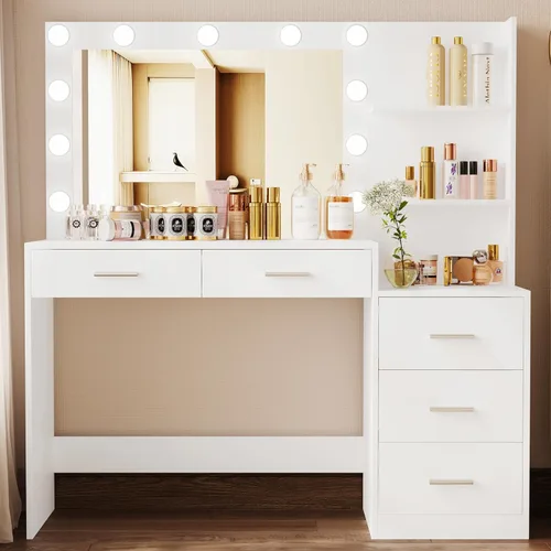 Rovaurx Mesa de tocador de maquillaje blanca de 46.7 pulgadas con espejo iluminado, escritorio grande con estante de almacenamiento y 5 cajones,