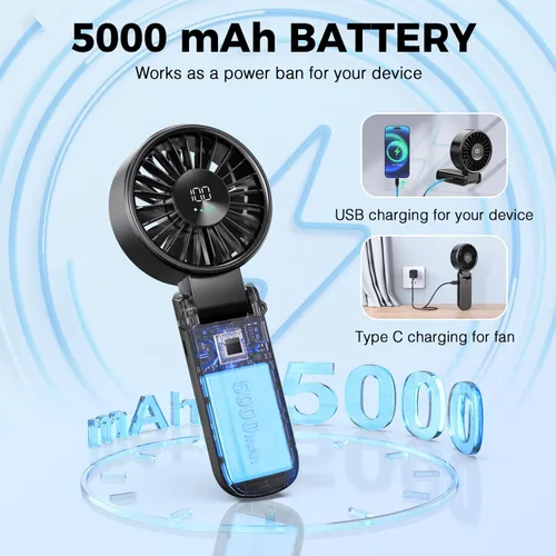 Miniatura 3 de Portable Handheld Fan with Power Bank, 5000mAh Battery, Digital Display & 6-Speed Turbo – Foldable 3 in 1 Rechargeable Mini Fan for Desk, Neck