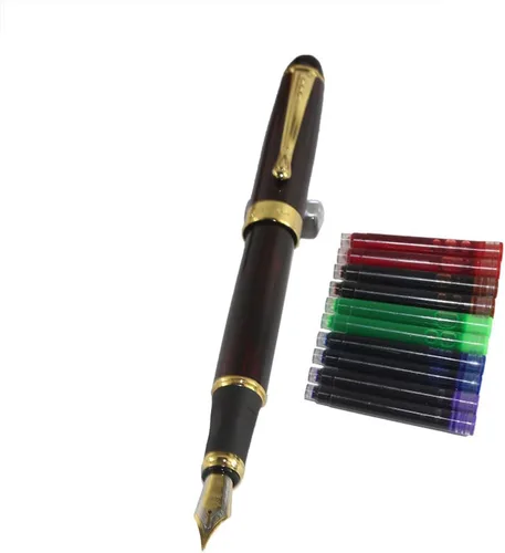 Gullor Jinhao 450 - Pluma estilográfica con punta normal, color rojo oscuro con 5 cartuchos de tinta de colores Punta normal-Rojo oscuro