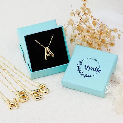 Miniatura 5 de Qyalie Collar de letras de burbujas, collares con inicial de globo para mujeres y niñas, delicado dije del alfabeto, chapado en oro de 14 quilates